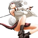  animal_ears bare_shoulders boots convenient_leg detached_sleeves inubashiri_momiji mazuka_kei pom_pom_(clothes) red_eyes short_hair skirt solo sword tail touhou weapon white_hair wolf_ears wolf_tail 