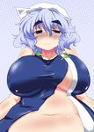  bare_shoulders blue_hair blush breasts eyebrows hat large_breasts letty_whiterock looking_at_viewer navel plump raised_eyebrows ramototu short_hair smile solo thick_eyebrows torn_clothes touhou underboob wavy_mouth 