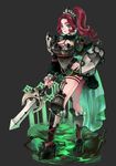  2012 armor artist_name boots breasts dated full_body green_eyes grey_background hand_on_hip high_heels highres large_breasts long_hair original ponytail red_hair shield shoes simple_background smile solo sword weapon zunaki 