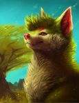  canine falvie_(character) fionbri fur green_fur mammal realistic red_eyes rhyu solo tree wood 