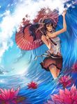  1girl bow cloud female green_eyes lily purple_hair skirt solo udonnodu umbrella water wave waving 