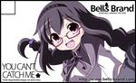  akemi_homura black_border black_hair border braid circle_cut glasses hairband izumi_bell mahou_shoujo_madoka_magica open_mouth purple_eyes red-framed_eyewear smile solo twin_braids 