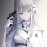  1girl absurdres belt black_belt blue_eyes breasts coat flower gloves grey_hair gun hair_flower hair_ornament head_tilt highres holding holding_gun holding_weapon medium_breasts military_uniform original parted_lips sidelocks straight_hair weapon white_coat white_flower white_gloves yakupan 