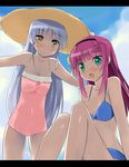  angel_beats! bikini green_eyes hairband hat long_hair multiple_girls one-piece_swimsuit pink_hair pink_swimsuit shigen silver_hair swimsuit tenshi_(angel_beats!) yellow_eyes yuri_(angel_beats!) 