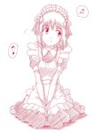  alternate_costume amami_haruka apron beamed_sixteenth_notes eighth_note enmaided hair_ribbon head_tilt headdress idolmaster idolmaster_(classic) looking_away maid monochrome musical_note puton red ribbon sitting sketch smile solo spoken_musical_note v_arms wariza 