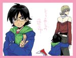  bad_id bad_pixiv_id barnaby_brooks_jr belt bespectacled black_hair blonde_hair candygang child glasses green_eyes hood hoodie hug hug_from_behind jacket kaburagi_t_kotetsu multiple_boys red_jacket shoes shorts size_difference sneakers studded_belt tiger_&amp;_bunny time_paradox younger 