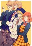  3boys belluch blonde_hair blue_eyes blush bow bracelet brown_hair glasses hat jewelry kurusu_shou multiple_boys nail_polish nanami_haruka necktie open_mouth orange_hair shinomiya_natsuki shinomiya_satsuki translated uta_no_prince-sama yellow_background yellow_eyes 