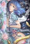  blue_eyes blue_hair bottomless breasts cleavage earrings flower hair_ornament hair_rings hair_stick jewelry kaku_seiga lily_pad medium_breasts shoumura_(mix) snake solo tears touhou vest 