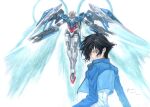  00_gundam 00_raiser 0_raiser 1boy absurdres armor back_turned bishounen black_hair blue_armor blue_jacket brown_eyes cropped_jacket dominic_ian_cabatit dual_wielding exhaust gundam gundam_00 highres holding jacket long_sleeves looking_at_viewer looking_back male_focus mecha mobile_suit multicolored_armor nick-ian robot setsuna_f._seiei short_hair upper_body white_armor 