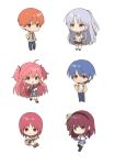  2boys 4girls :d ahoge angel_beats! arms_at_sides black_hairband black_skirt black_thighhighs blue_hair blue_pants blue_skirt blush bow chibi chibi_only closed_mouth green_bow green_eyes guitar gun hair_bow hairband half_updo hand_on_own_hip hashtag-only_commentary highres hinata_hideki holding holding_guitar holding_gun holding_instrument holding_weapon instrument iwasawa_masami jacket kneehighs long_hair long_sleeves looking_at_another looking_at_viewer medium_hair miniskirt multiple_boys multiple_girls nakamura_yuri open_mouth orange_eyes orange_hair otonashi_yuzuru pants pink_eyes pink_hair pleated_skirt ponytail purple_eyes purple_hair red_eyes red_hair saang2cm school_uniform shinda_sekai_sensen_uniform shirt short_hair sitting skirt smile socks standing standing_on_one_leg tachibana_kanade thighhighs two_side_up very_long_hair weapon white_hair white_shirt white_socks yellow_eyes yellow_jacket yui_(angel_beats!) zettai_ryouiki 
