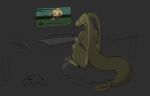 2024 2_toes alien beverage_can big_tail breasts computer_keyboard controller curled_tail darkness desk digital_media_(artwork) earhole electronics feet female furniture game_controller gaming gaming_headset green_body green_scales grey_background hi_res in_the_dark looking_at_computer looking_at_object looking_at_screen mouth_closed nude nude_female pinwheel_(snekguy) playing_video_game pokast purple_eyes rear_view scales side_boob simple_background sitting solo table tail television thick_thighs toe_talons toes valbaran
