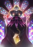  1girl black_hair blonde_hair book braid capelet caster_(fate/zero) chain claws cross dress fate/apocrypha fate/zero fate_(series) fingernails gauntlets headpiece highres jeanne_d'arc_(fate) jeanne_d'arc_(fate)_(all) kino707 long_fingernails long_hair purple_eyes robe single_braid stained_glass 