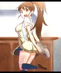  :d amano_don apron arms_behind_back bad_id bad_pixiv_id brown_eyes brown_hair from_behind letterboxed long_hair looking_back open_mouth ponytail smile solo standing standing_on_one_leg taneshima_popura tray waitress working!! 