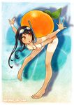  arancia barefoot bikini black_hair breasts character_name feet food fruit hanji_(hansi) highres long_hair medium_breasts o-ring o-ring_bikini orange orange_eyes original outstretched_arms snorkel solo swimsuit tan tanline twintails 