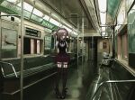  1girl arms_behind_back black_shoes black_thighhighs black_vest brown_hair closed_eyes commentary_request facing_viewer frilled_thigh_strap frills full_body hair_over_one_eye hairband highres indie_virtual_youtuber komomo_(vtuber) lolita_hairband medium_hair natri999 new_york_city open_mouth photo_background purple_skirt shirt shoes skirt smile solo spiked_hairband spiked_thigh_strap spikes subway thigh_strap thighhighs train_interior twintails vest virtual_youtuber white_shirt 