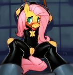  bdsm bondage bound clothing doxy equine female fluttershy_(mlp) friendship_is_magic gag green_eyes hair horse long_hair mammal my_little_pony pink_hair pony pussy sitting skin_suit skinsuit solo spreader_bar 