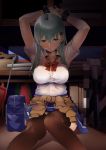  1girl aqua_eyes aqua_hair arms_up bag bangs blue_skirt blush bound bound_wrists bow bowtie breasts brown_legwear byte_(allbyte) clothes_around_waist collared_shirt drooling gym_storeroom hair_ornament hairclip half-closed_eyes highres kantai_collection large_breasts long_hair looking_at_viewer pleated_skirt red_neckwear rope school_bag school_uniform shirt sidelocks sitting skirt solo suzuya_(kantai_collection) sweater_around_waist thighhighs white_shirt 