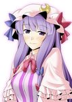  blush bow breasts crescent dress hair_bow hat long_hair medium_breasts mizuno_asami patchouli_knowledge purple_eyes purple_hair ribbon smile solo touhou upper_body 