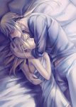  1girl artoria_pendragon_(all) bad_id bad_pixiv_id bed bedivere blonde_hair blue_eyes blush dress fate/stay_night fate_(series) hair_down kanmuri_(hanyifan30338) long_hair on_bed pillow ponytail saber 
