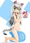  animal_ears barefoot bikini black_hair blush cameltoe cat_ears collarbone fang gradient_hair green_eyes grey_hair hair_ornament hairclip kickboard kneeling multicolored_hair navel no original punto side-tie_bikini solo speech_bubble swimsuit tail tears two-tone_hair 