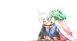  1girl ahoge book bridal_gauntlets choker closed_eyes glasses green_hair hetero kazami_yuuka kiss long_sleeves meteoride morichika_rinnosuke short_hair silver_hair sleeping touhou 