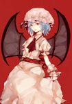  absurdres ascot bad_id bad_pixiv_id bat_wings blue_hair brooch dress hat highres jewelry lips meihahaha red_background remilia_scarlet short_hair smile solo touhou wings wrist_cuffs 