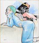  1girl aqua_hair ass beam_cannon belt blue_eyes boots commentary_request emblem four_murasame gloves gundam hand_on_own_cheek hand_on_own_face highres ikeda_kazuhiro logo looking_at_viewer looking_back lying machinery mecha mecha_pilot_suit mobile_suit on_stomach psyco_gundam realistic resting robot science_fiction signature titans_(gundam) v-fin white_boots white_gloves zeta_gundam 