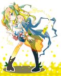  bad_id bad_pixiv_id bare_shoulders blonde_hair blue_eyes bottle bow c.c._lemon c.c._lemon_(character) food fruit hair_bow hair_ornament juice leaf lemon long_hair one_eye_closed smile solo thighhighs twintails two_side_up yuzuki000 