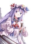  book crescent gurasion_(gurasion) hat highres holding holding_book long_hair looking_at_viewer patchouli_knowledge purple_eyes purple_hair solo striped touhou vertical_stripes 