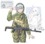  1girl blue_hair cropped_legs english_text gun_sling headset highres id_card kalashnikov_rifle load_bearing_equipment looking_at_viewer military_combat_uniform military_uniform one_eye_closed open_mouth original red_dot_sight red_eyes sight_magnifier sketch_inset smile solo taco_xd69 teeth v vertical_foregrip 