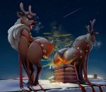  antlers black_nose capreoline cervid cheekles chimney christmas crouching diarrhea duo fart feces feral fur holidays horn jingle_bells looking_back mammal night on_roof open_mouth outside pooping rear_view reindeer scat shooting_star side_view sky star stink_lines story story_in_description 