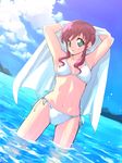  armpits arms_up bikini blue_eyes brown_hair cloud day dutch_angle indoors long_hair md5_mismatch navel pink_hair side-tie_bikini sidelocks sky solo swimsuit tajima_mie tessai tetsudou_musume towel wading water white_bikini 