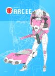  1girl alternate_form arcee autobot car commentary_request dual_wielding emblem energy_gun highres holding ikeda_kazuhiro logo looking_to_the_side mecha motor_vehicle no_humans ray_gun robot science_fiction transformers transformers:_generation_1 weapon 