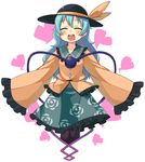  ^_^ alternate_hair_length alternate_hairstyle blue_hair blush chacha_(tyatya) closed_eyes hat heart komeiji_koishi long_hair looking_at_viewer open_mouth simple_background sleeves_past_wrists smile solo touhou white_background 