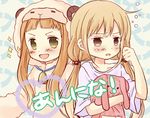  2girls animal_costume bell blush brown_eyes brown_hair child collarbone futaba_anzu hair_bobbles hair_ornament ichihara_nina idolmaster idolmaster_cinderella_girls long_hair multiple_girls open_mouth sheep shirt siva stuffed_animal stuffed_toy very_long_hair 