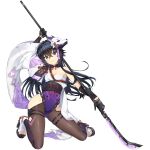  black_gloves black_hair blue_eyes bodysuit breasts cleavage dolphin_wave fox_mask game_cg gloves hagane_otsuki high_heel_sandals highres hip_vent holding holding_polearm holding_weapon impossible_bodysuit impossible_clothes japanese_clothes kneeling long_hair mask mask_on_head non-web_source official_art ootomo_takuji polearm small_breasts smile tasuki transparent_background weapon weapon_behind_back 