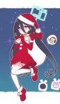  1boy 1girl blue_archive blue_hair christmas commentary_request doodle_sensei_(blue_archive) dress flat_chest full_body green_halo halo hat highres kei_(blue_archive) long_hair pink_eyes santa_costume santa_dress santa_hat sensei_(blue_archive) very_long_hair yoru_nai 