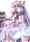  blush book bow crescent dress gurasion_(gurasion) hair_bow hat highres long_hair patchouli_knowledge purple_eyes purple_hair simple_background sitting smile solo touhou very_long_hair white_background 
