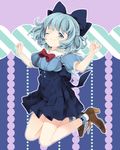  alternate_costume bad_id bad_pixiv_id blue_eyes blue_hair bow cirno dress hair_bow half_updo high_heels maki_(natoriumu) one_eye_closed ribbon shoes short_hair smile solo touhou wings 