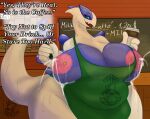  absurd_res anthro apron apron_only areola belly beverage big_belly big_breasts bodily_fluids breasts butt clothed clothing coffee coffee_cup coffee_shop container cup dialogue digital_media_(artwork) english_text female fingers generation_2_pokemon hi_res holding_object huge_breasts ineffective_clothing lactating legendary_pokemon looking_at_viewer lugia milk mostly_nude nintendo nipples nude open_mouth overweight overweight_anthro piercing pokemon pokemon_(species) simple_background slightly_chubby smile smolreapy solo sweat tail text thick_thighs tongue topwear white_body wide_hips 