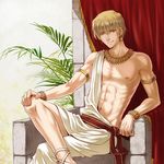  armlet blonde_hair bracelet crossed_legs curtains earrings egmer fate/zero fate_(series) gilgamesh highres jewelry male_focus necklace nipples red_eyes sandals sitting solo throne toga 