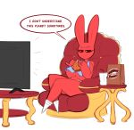  averyshadydolphin beverage big_breasts breasts bunny_(averyshadydolphin) burger chair clothing female food huge_breasts lagomorph legwear long_ears mammal pinky_out rabbit shirt socks table tank_top television thick_thighs under_boob 