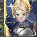  1girl armor armored_dress art_program_in_frame artoria_pendragon_(fate) blonde_hair dress fate/grand_order fate/stay_night fate_(series) fighting_stance green_eyes potato_goril rubbing_eyes saber_(fate) sketch solo 