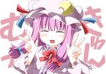  bow closed_eyes crescent double_v face hair_bow hat long_hair patchouli_knowledge purple_hair rioshi sidelocks smile solo touhou v 