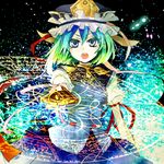  armband black_background blue_eyes buttons hat hat_ribbon light_particles long_sleeves looking_at_viewer magic_circle multicolored_hair open_mouth outstretched_arm ribbon rod_of_remorse shiki_eiki skirt solo touhou upper_body zami 