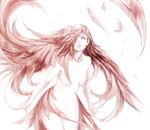  breasts feather_hair feathers hair_over_one_eye highres ikeda_masateru lips medium_breasts monochrome nude original solo 