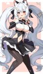  1girl absurdres animal_ears bare_shoulders belt black_choker black_skirt black_sleeves blue_eyes bow bowtie breasts brown_pantyhose choker clothing_cutout commission crop_top detached_sleeves feet_out_of_frame fox_ears hair_bow headdress heart heart_hands heterochromia high-waist_skirt highres juliet_sleeves large_breasts long_hair long_sleeves looking_at_viewer navel navel_cutout open_mouth original pantyhose puffy_sleeves red_eyes revealing_clothes second-party_source shirt side_cutout skirt sleeveless sleeveless_shirt smile solo twintails underboob very_long_hair w.k wavy_hair white_hair white_shirt 