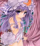  blush book bow collarbone crescent curtain_grab curtains double_bun hair_bow hand_on_own_chest lingerie long_hair looking_at_viewer marker_(medium) negligee nightgown panties patchouli_knowledge purple_eyes purple_hair shikishi solo strap_slip touhou traditional_media underwear white_panties window yukitsuki_kokoro 