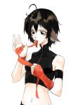  1girl ahoge animal_ears bandaged_hand bandages black_hair crop_top highres midriff navel original pale_skin short_hair yonq98 