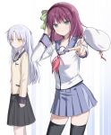  &gt;:) 2girls angel_beats! arm_at_side beret black_skirt black_thighhighs blue_skirt blunt_bangs blush bow closed_mouth cowboy_shot expressionless green_bow green_eyes hair_bow hand_up hashtag-only_commentary hat highres holding holding_hat holding_unworn_clothes index_finger_raised jacket long_hair long_sleeves looking_at_viewer medium_hair miniskirt multiple_girls nakamura_yuri neck_ribbon neckerchief pink_neckerchief pleated_skirt pointing pointing_at_viewer purple_hair ribbon saang2cm school_uniform shinda_sekai_sensen_uniform shirt simple_background skirt smile straight_hair tachibana_kanade thighhighs v-shaped_eyebrows white_background white_hair white_hat white_shirt yellow_eyes yellow_jacket yellow_ribbon zettai_ryouiki 